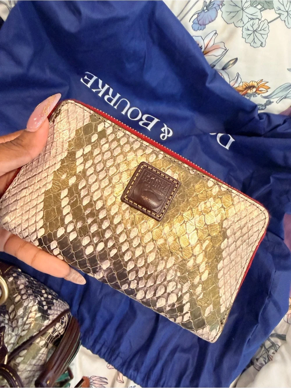 Dooney & Bourke Brown and Cream Snake-Print Satchel with Red Zip Accent